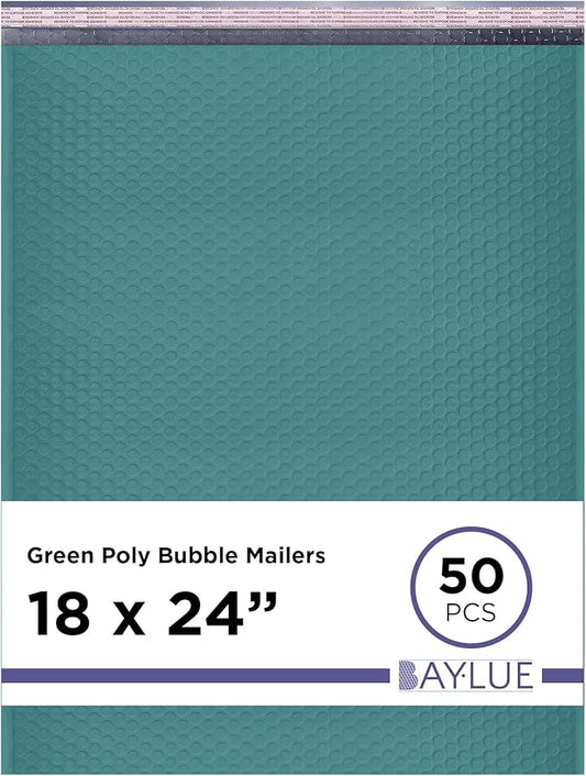 Green Poly Bubble Mailers 18.x24 Inch #9 | Self Seal Large Padded Envelopes | Air Cushioned Bubble Mailer | Usable Size 18x23 Inch | Waterproof Lightweight Mailing Shipping Bags | 50 Pack