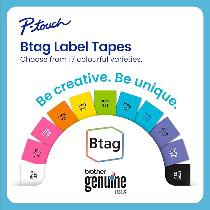 Brother Genuine P-Touch Btag Label Tape, BTAG3M02, 0.47 in by 13.1 ft, White on Purple, Black on Light Blue, White on Pink, 3-Pack. (Works Only with Brother PT-N10, PT-N20, PT-N25BT Label Makers)