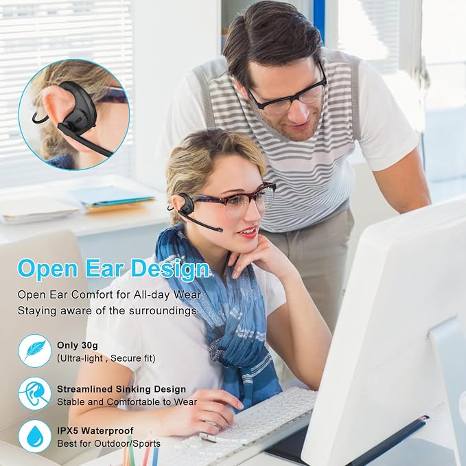 iDIGMALL Bluetooth Headset, Open Ear Headphones with Detachable Microphone | Multi-Point Wireless Headset with DSP Noise Canceling Mic for Phone PC Laptop Office Meeting Home Work, Comfort & Light, 12H