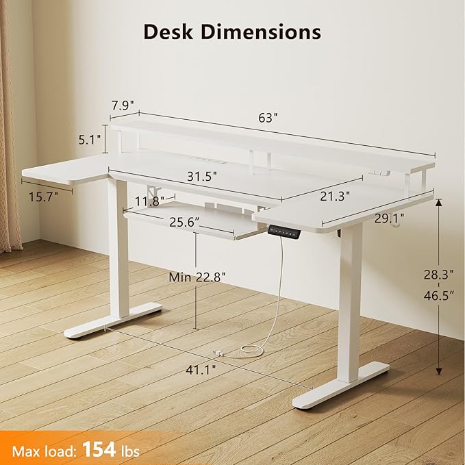 63 Inch U Shaped Electric Standing Desk with Keyboard Tray, White | Power Outlet, Monitor Stand, LED Light, 3 Presets, 28.3"-46.5"in Range, 154 lb Capacity