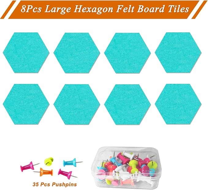 Large Hexagon Felt Cork Board Tiles, Self Adhesive DIY Felt Bulletin Board Pin Board with 35 Pushpins for Office School Home Wall Decor Stickers Memos Photos Display(Teal)