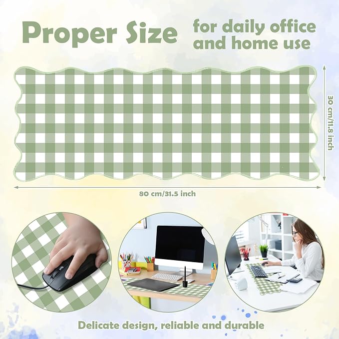 1 Pcs Scalloped Green Gingham Desk Mat 31.5 x 11.8 Inch Large Cute Mouse Pad Computer Mat Non Slip Waterproof Rubber Base with Border Stitching Soft Keyboard Pad for Home Office Gaming Makeup