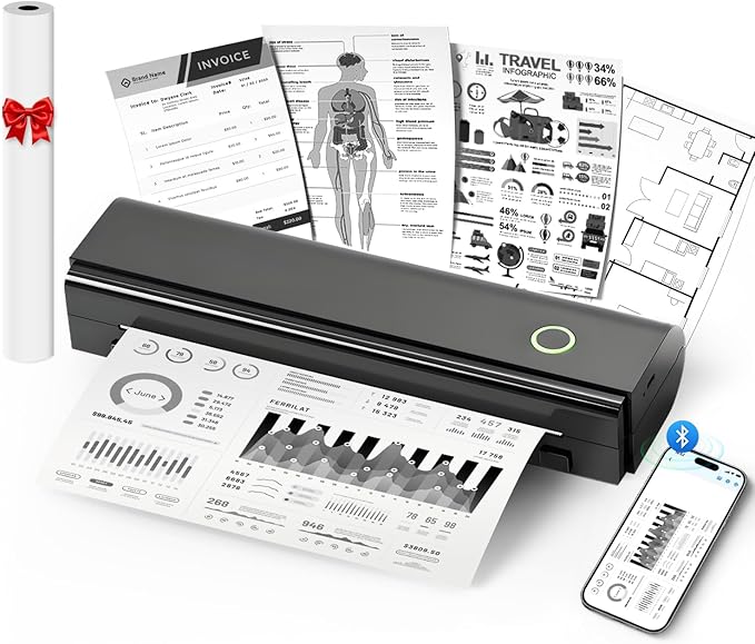 NDYIN Portable Printers Wireless for Travel, N80 Wireless Thermal Printer Bluetooth Inkless Printer Support 8.5" X 11" US Letter & A4, Compatible with iOS, Android, Laptop