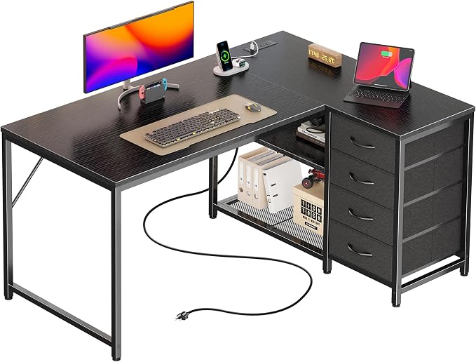 43.3" Small L Shaped Desk with Power Outlets & 4 Drawers | Reversible Computer Desk with 2 Storage Shelves, Corner Office Desk for Gaming Writing Work Study, Black