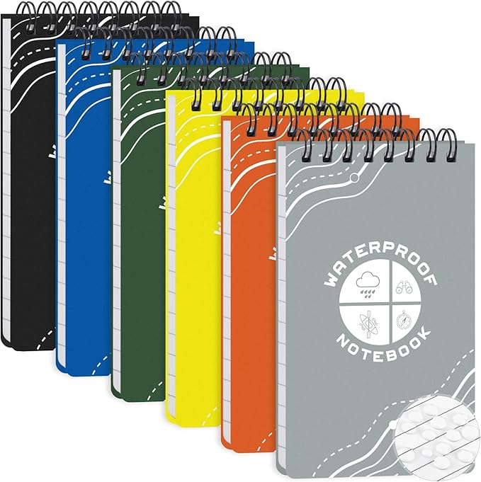 6 Pack Weatherproof Pocket Notebook, 5" x 3" Top-Spiral Weatherproof All Weather Notepad for Office School Police Outdoor Recording Steno Note Pads