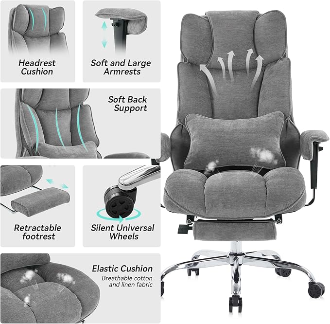 Efomao Big and Tall Fabric Executive Office Chair,Grey | 400lbs support, 135° recline, dual-layer foam cushion, 23.5" seat & footrest