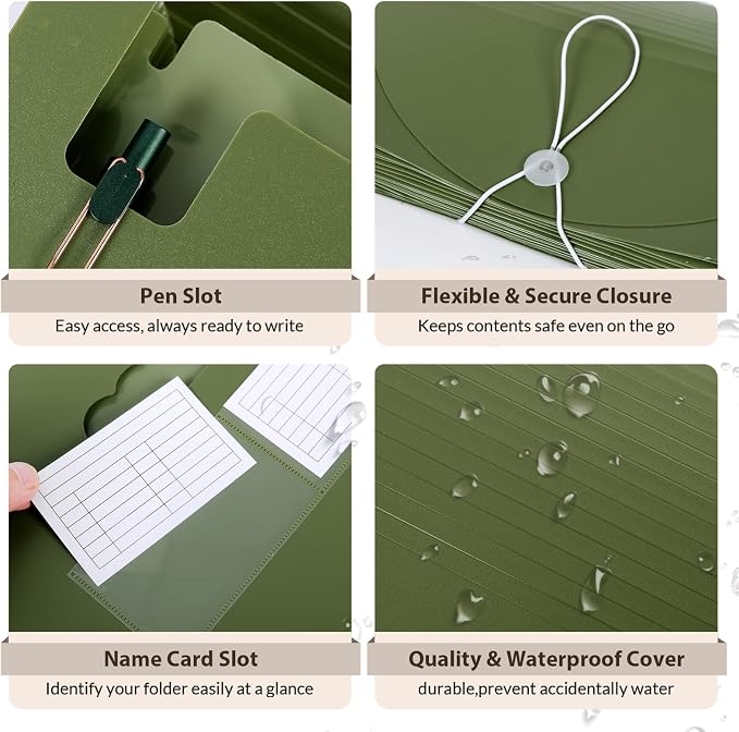 SKYDUE Accordion File Organizer, Expanding File Folder with 13 Pockets, Portable Document Paper Bill Receipt Organizer, Home School Office Supplies, Letter A4 Size OliveGreen