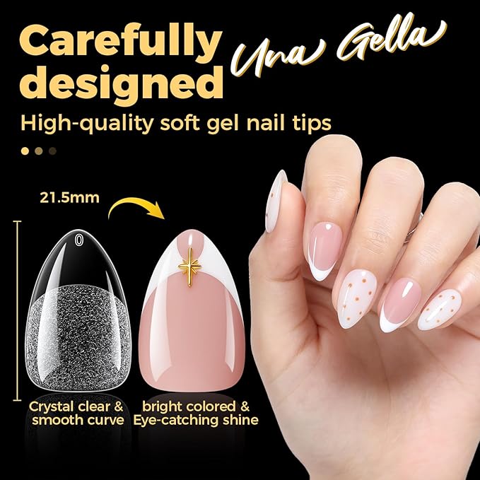 UNA GELLA Almond Nail Tips, Pre-shape Short Almond Gel Nail Tips 240Pcs Full Cover Soft Gel Fake Nails No C Curve Press On Nails For Women Girl At Home DIY Salon with Box 12 Sizes