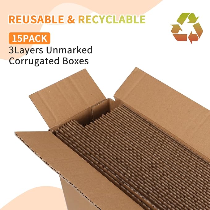 Rempry Brown 12x12x4 Shipping Boxes Set of 15, Corrugated Cardboard Box for Mailing, Packaging Small Business, Kraft Mailer Gift Boxes