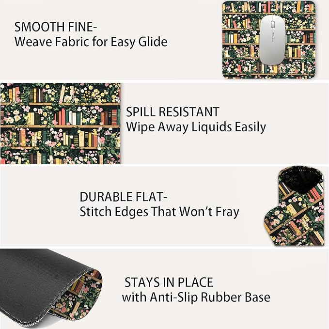 Mouse Pad for Desk with Stitched Edge, Premium Cute Washable Mouse Pads. Computer Mousepad with Non-Slip Rubber Base, Mousepads for Laptop, 9.25x7.75x0.12 inch (Bookish Blooms)