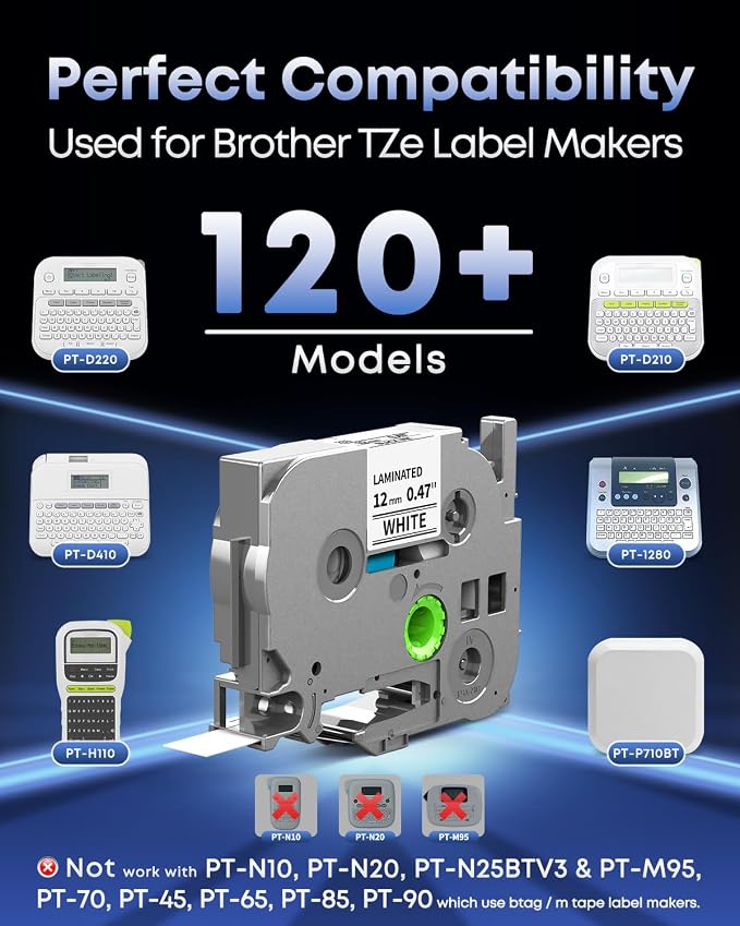 TZe-231 Replace for Brother Label Maker Tape 12mm 0.47 Laminated White 1/2" | P Touch Label Tape TZ Tape TZe231 for Brother PT-D210 PT-D220 H110 H103W 1280 D400 D610BT, 12mm x 8m Black on White, 5-Pack