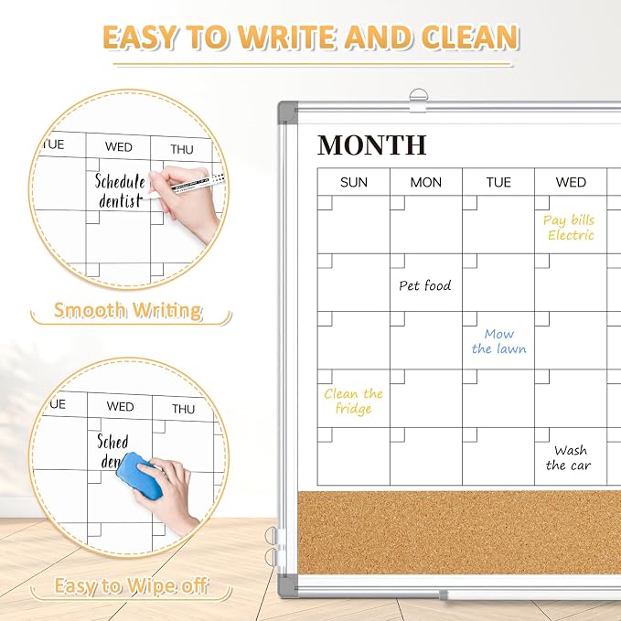 Monthly Dry Erase Calendar Whiteboard with Corkboard, 30" x 20", Silver | Magnetic, White Board Cork Board Combo, Double Sided, Wall Mounted, Aluminum Frame, for Home, Office, Kitchen, Dorm