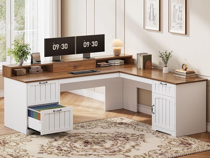 SEDETA Farmhouse 63" L Shaped Desk with Drawers and Storage Cabinet | Office Desk with File Drawers, Wood Corner Computer Desk with Storage, Home Office Desk with Monitor Stand,Walnut and White