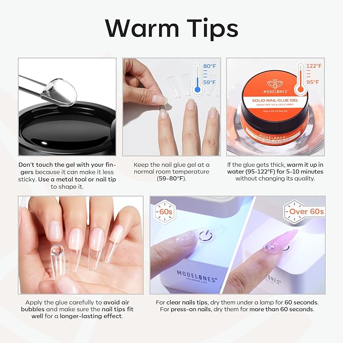 modelones Solid Nail Glue Gel for Acrylic Nails Tips, 30g False Nails Gel Glue Long-Lasting Strong Adhesion, Need UV Light Cured