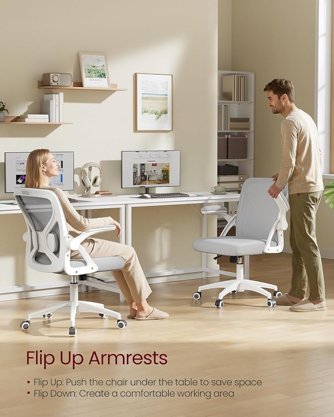 VASAGLE Ergonomic Mesh Office Chairs with Adjustable Lumbar Support, 90-105° Tilt Function, Wide Seat, Flip‑Up Armrests, Computer Desk Chairs for Home Office, Set of 2, Dove Gray