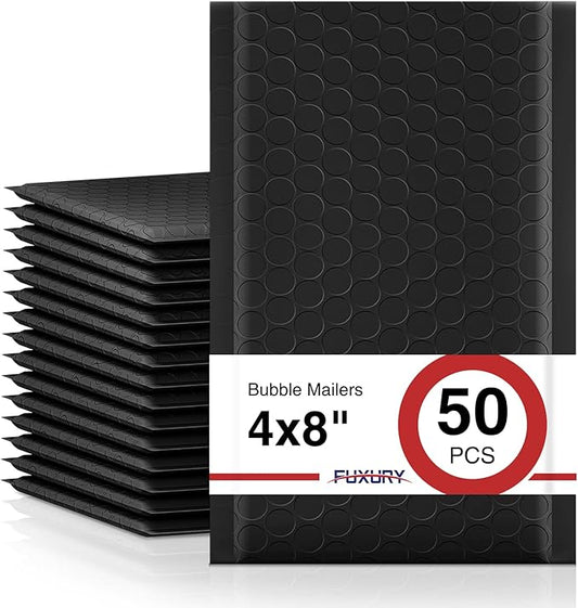 Fuxury Bubble Mailers 4x8 Inch 50Pcs Black Bubble Envelopes, Self-Seal Adhesive,Water Resistance,Strong Padded Envelopes for Small Items, Small Business, Shipping Bags, Packaging, Mailing Bulk#000