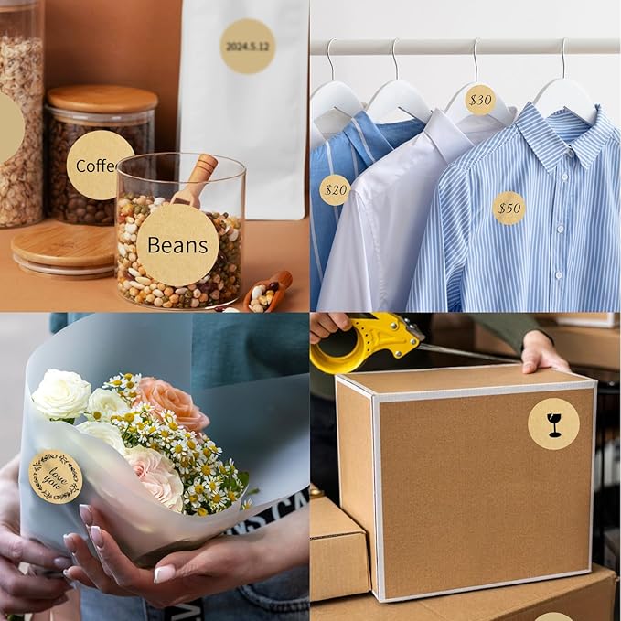 Thermal Labels,2 Inch Kraft Paper Color Round Thermal Printer Stickers,Self-Adhesive Round Direct Thermal Labels,Thermal Stickers for DIY Logo Design,Name Tag (500/Roll