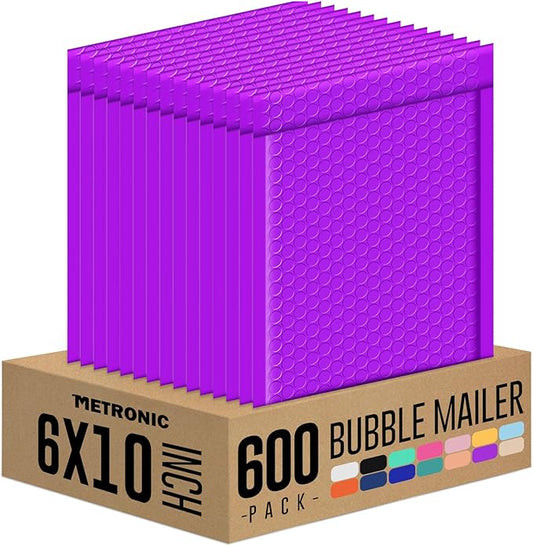 Metronic Bubble Mailers 6x10 Purple, Case of 600, Self-Seal Poly Padded Mailer Envelopes Packaging Bags, Bulk Package Packing Shipping Supplies for Small Business, Boutique, Jewelry, Lip Gloss