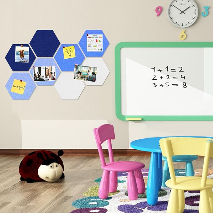 Large Hexagon Felt Cork Board Tiles, Self Adhesive DIY Felt Bulletin Board Pin Board with 35 Pushpins for Office School Home Wall Decor Stickers Memos Photos Display(Gradual Blue)