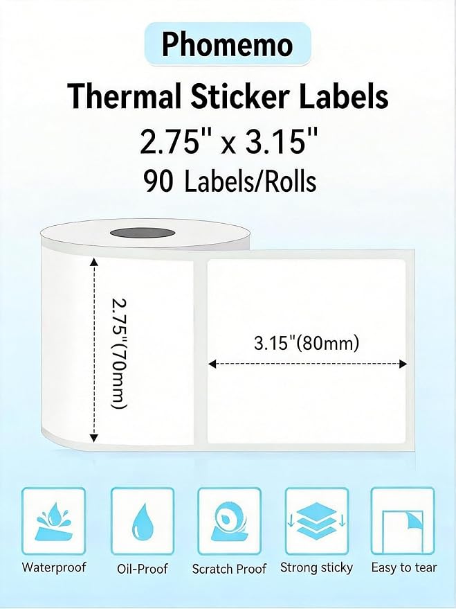 Phomemo M220 Thermal Labels 2.75''x3.15'' for M220/M221/M250/M260, 90 PCS | 70x80mm Waterproof Thermal Labls, 1 Roll, Use for Barcode, Logo,Listing, Business, Home,Organization, Office, White
