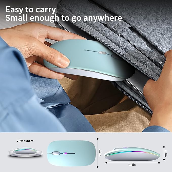 Wireless Bluetooth Mouse – Rechargeable, Silent, Dual Mode (Bluetooth 5.2 & USB) with LED Lights – Portable for Laptop, Desktop, & Tablet(Green)
