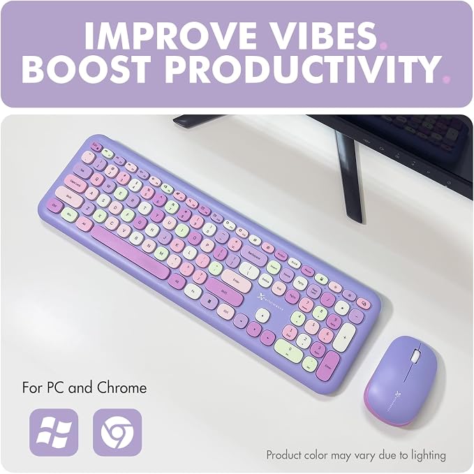 X9 Retro Wireless Keyboard and Mouse Combo - 2.4G Colorful Purple Keyboard and Mouse Wireless - Cute and Aesthetic Typewriter Combo for PC Computer Desktop and Laptop - Full Size