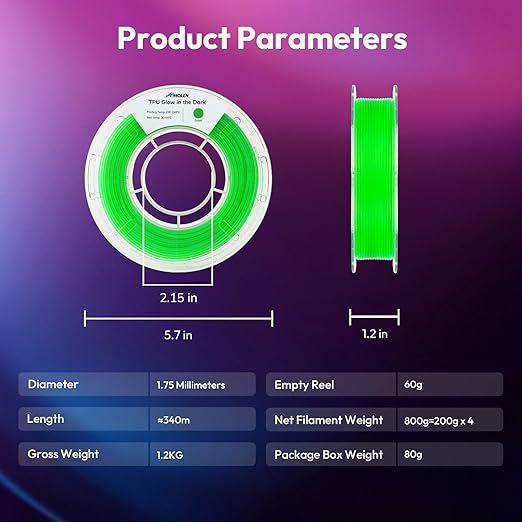 AMOLEN 95A TPU Glow in The Dark Filament Bundle, Red, Orange, Blue Purple, Green 1.75mm Soft Flexible TPU 3D Printer Filament, Best with UV Lamp, 200g x 4 Pack, Luminous Filament for Halloween