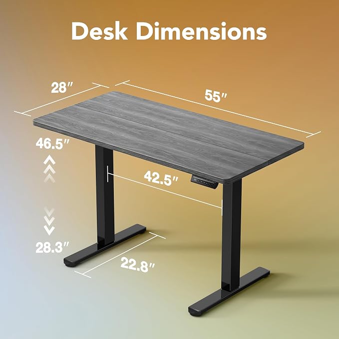HUANUO 55x28 Inch Electric Standing Desk, Height Adjustable, Grey | 176 Lbs Capacity, Smooth Home Office Desk, 4 Memory Presets & Headphone Hooks, 28.3–46.5 Inch Height Range, Easy to assemble