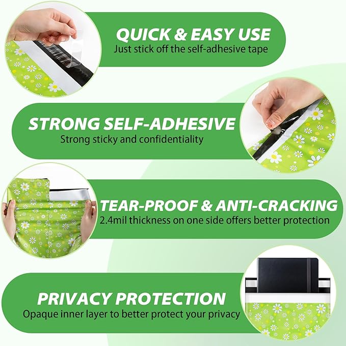 Oududianzi Poly Mailers 10x13, 100PCS Waterproof Shipping Bags, Shipping Envelopes, Mailing Poly Bags, Self-Seal Polymailer Packaging Bags for Small Business (Daisy)