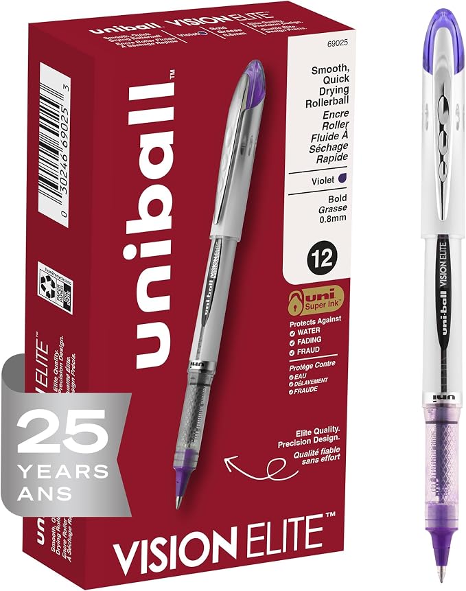 uniball Vision Elite Rollerball Pens, Bold Point (0.8mm), Violet, 12 Pack