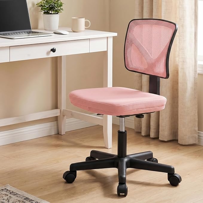 Sweetcrispy Small Armless Desk Chair, Mesh Rolling Office Chairs | Adjustable Ergonomic Lumbar Support, Low-Back, Swivel Wheels, Home Work, Bedroom, Study, Student, Adults, Classic Pink