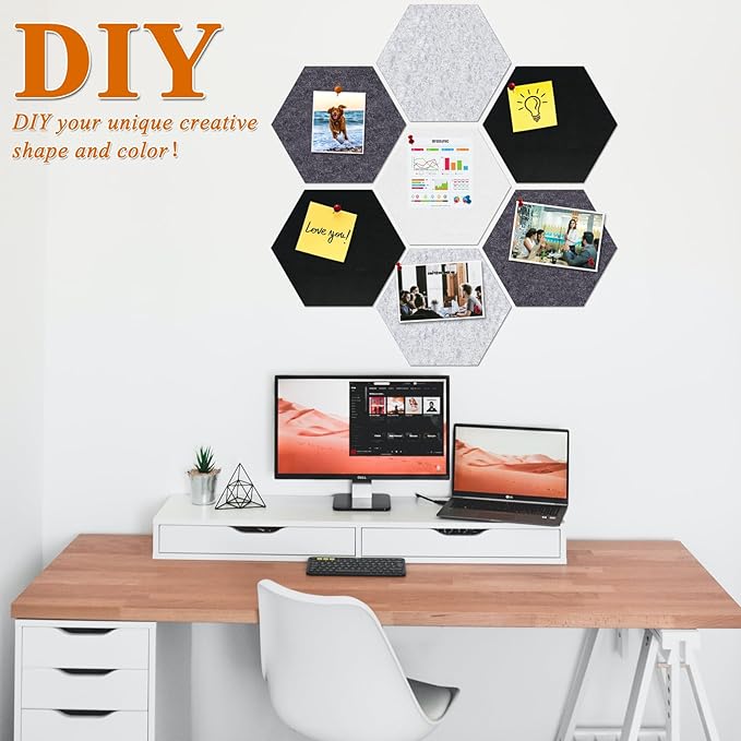 Large Hexagon Felt Cork Board Tiles, Self Adhesive DIY Felt Bulletin Board Pin Board with 35 Pushpins for Office School Home Wall Decor(Black+Deep Grey+Light Grey)