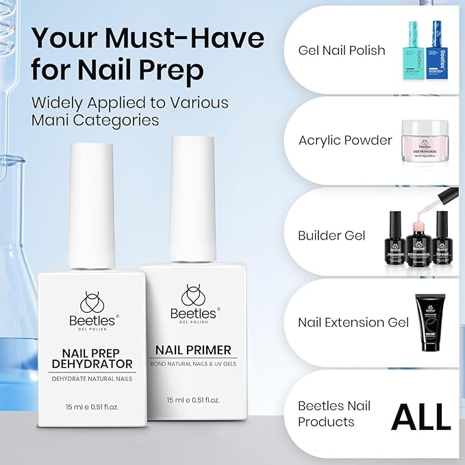 Beetles Nail Dehydrator & Nail Primer Set – No Lifting Nail Prep, Strong Bond, HEMA Free, Acid-Free, Long Lasting for Gel Nails & Acrylic