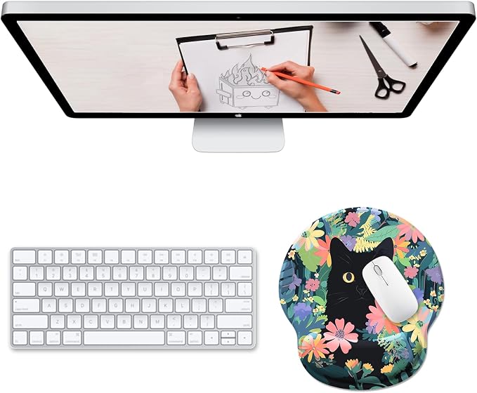Hancynir Flower Black Cat Ergonomic Mouse Pad with Wrist Support Desk Decor | Gel Mouse Pads Wrist Rest, Cute Funny Comfortable Computer Mousepad, for Gaming Laptop Work Home Accessories Office Supplies