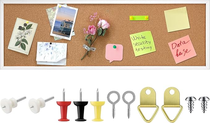 12'' x 36'' Cork Bulletin Board Framed Large Wall Mounted Corkboard with Installation Kit, Push Pins for Home and Office Decor, School Message or Vision Background(White)