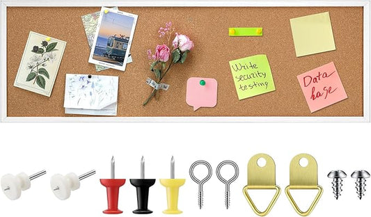 12'' x 36'' Cork Bulletin Board Framed Large Wall Mounted Corkboard with Installation Kit, Push Pins for Home and Office Decor, School Message or Vision Background(White)