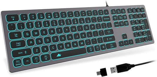 Aluminum Quiet Wired Slim Chiclet Keyboard - Compatible with Apple iMac, MacBook, Mac and PC, USB Numeric Keypad RGB Lighted Key - Space Gray