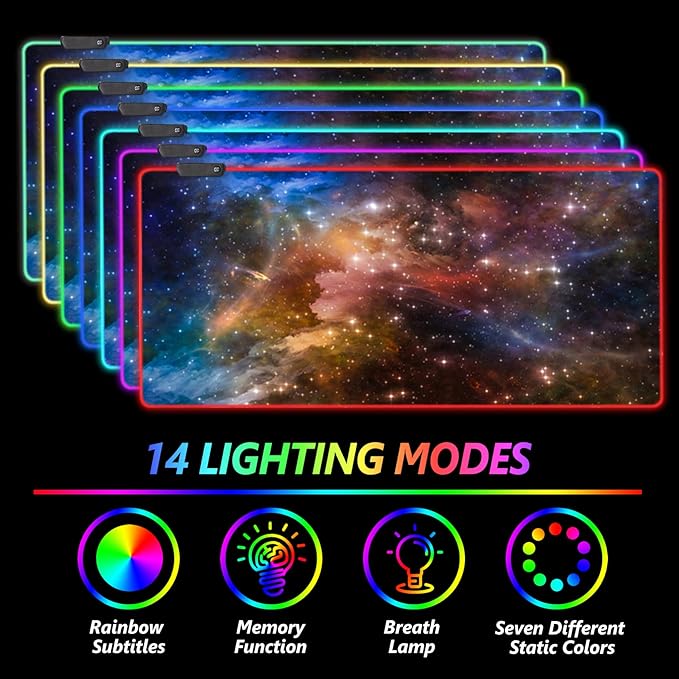 AIMSA Large Gaming Mouse Pad RGB, Keyboard Led Mousepad Extended 35.4 x 15.8 inch Non-Slip Rubber Base with 14 Lighting Modes Desk Mat, Colorful Galaxy Nebula