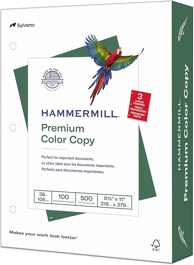 Hammermill Printer Paper, Premium Color 28 lb Copy Paper, 3 Hole - 100 Bright, Made in the USA, 102500R - 1 Ream (500 Sheets)