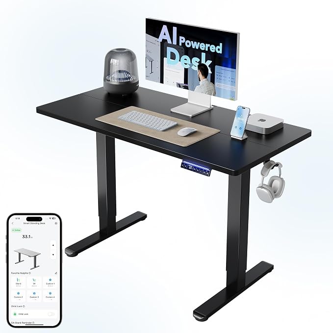HUANUO 48" AI Smart Standing Desk with App-Synced Sedentary Reminders, Electric Height Adjustable Desk with Body-Data Ergonomic Presets, Voice Control Alexa/Google/Siri, 3 Memory Settings Table, Black