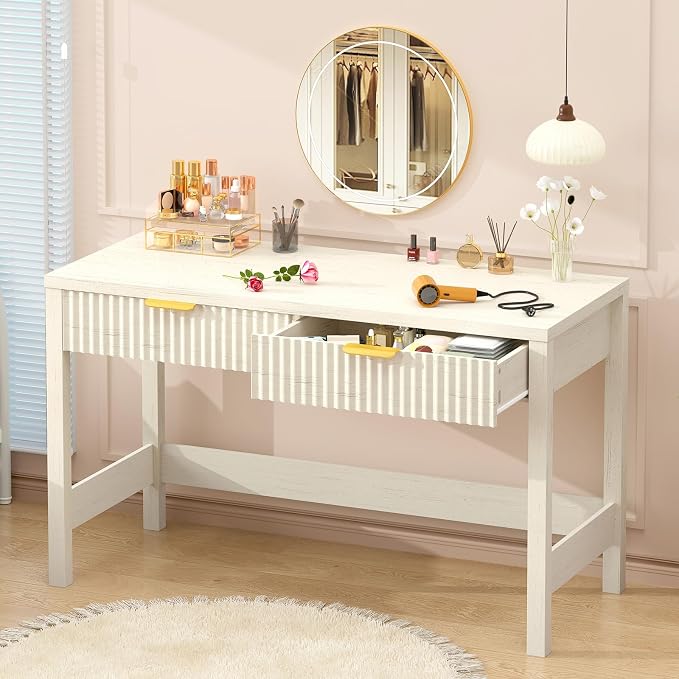47 Inch Small Fluted Computer Desk with 2 Drawers for Bedroom, Home Office | Small Computer Desk with Storage for Bedroom, Compact Writing Study Desk for Small Spaces, Warm White