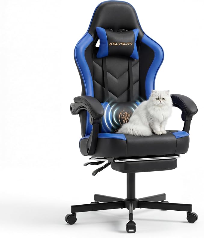 Desk Computer Gaming Chair - High Back Ergonomic Office Chair with Footrest and Lumbar Support, Swivel Comfy Home Gamer Video Game Chairs with Pocket Spring Cushion for Adults (Blue Leather)