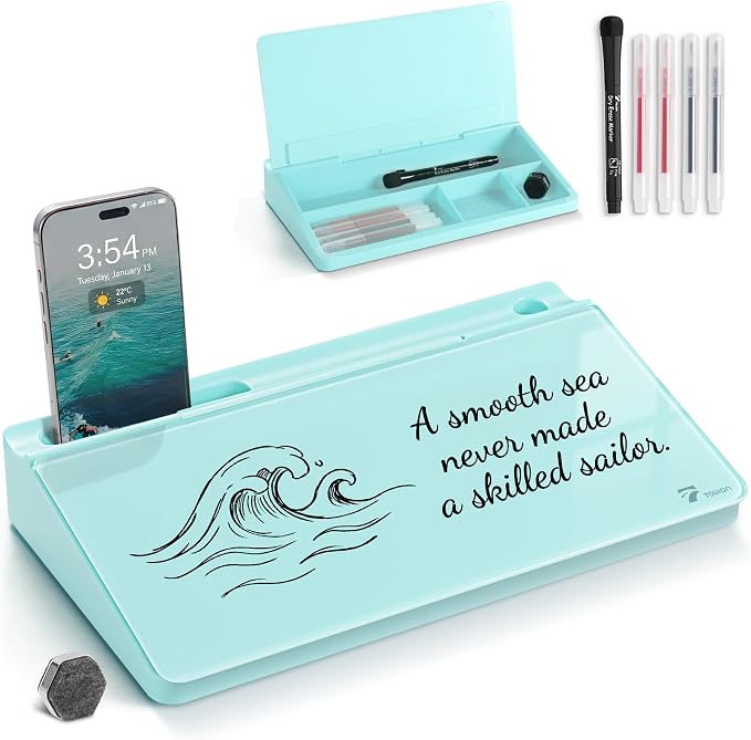 TOWON Compact Glass Desktop Whiteboard with Storage 12x7 in, Teal Blue | Aesthetic dry erase surface, 5 markers, eraser and holder included, for the office, home or school desk