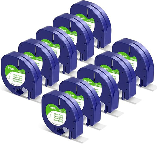 10-Pack 91330 Label KINGDOM Label Compatible with DYMO LetraTag Label Maker Refills 91330 White Paper Tape Refills 12mm x 4m (1/2" x 13') for Labeler Letra Tag 200B LT 100H 100T Plus