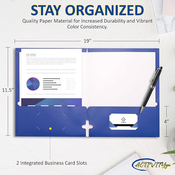 10 Pack Two Pocket Folders, Blue, Strong Thick Paper Folders, for Letter Size, by ACTIVITYya