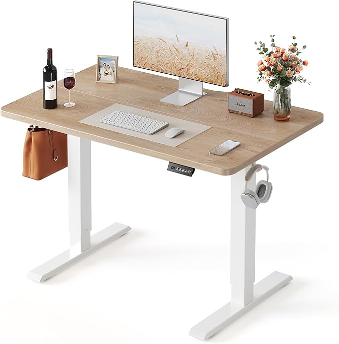 FEZIBO 40 x 24 Inchs Electric Standing Desk, Height Adjustable, Sit Stand Up, Computer Office Desk with Splice Board, White Frame/Maple Top | Sit and Stand Up Adjustable Desk, Home Office Computer Desk with 3 Customizable Memory Presets
