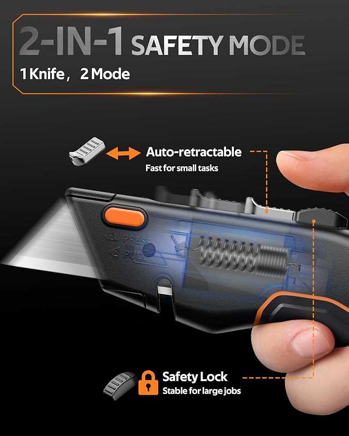 VOTREK® 2-Pack Box Cutter Utility Knife, [2-in-1] Retractable Box Cutter, Heavy Duty Safety Sharp Razor Knife for Home & Warehouse Cardboard, Carpet, [Blade Storage], with Extra Razor & Hook Blades