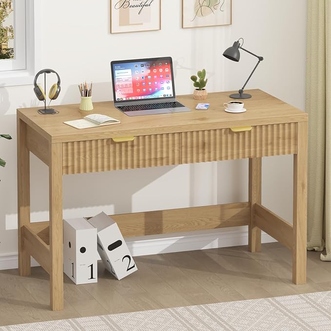 39 Inch Small Fluted Computer Desk with 2 Drawers for Bedroom, Home Office | Small Computer Desk with Storage, Compact Writing Study Desk for Small Spaces, Oak