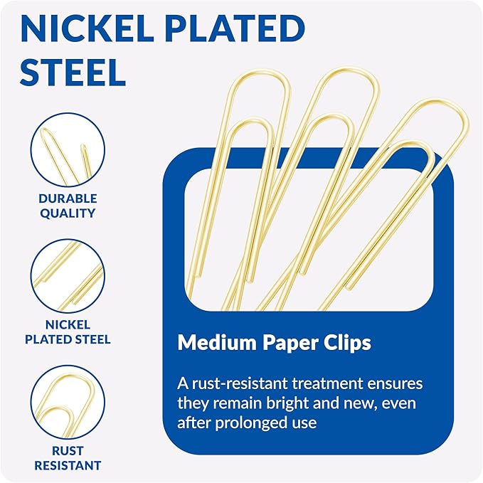 FUDAO FAMILY Medium Paper Clips, 200-Count, Paperclips, Gold Paper Clips, 1.3 Inch (32mm) Paper Clip