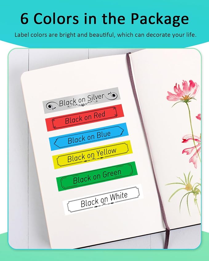 Anycolor 6 Pack Compatible with Brother P Touch 12mm 0.47 Inch Laminated | TZe Label Maker Tape TZe TZ Tape for Brother Ptouch PT-D220 PT-D210 PT-H110 D410 D600, White/Silver/Red/Blue/Yellow/Green